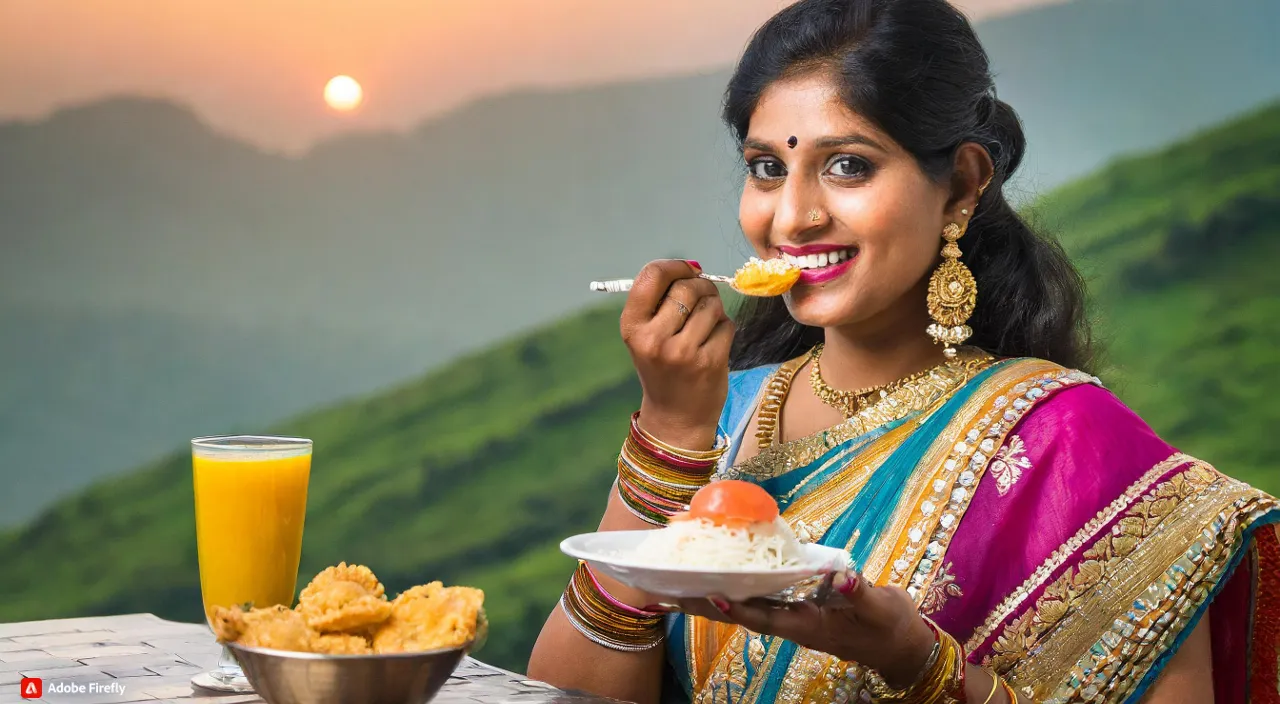 a beautiful Maharashtrian woman in a sari eating food with a glass of orange juice