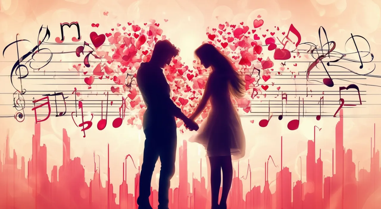 a couple holding hands in front of musical notes