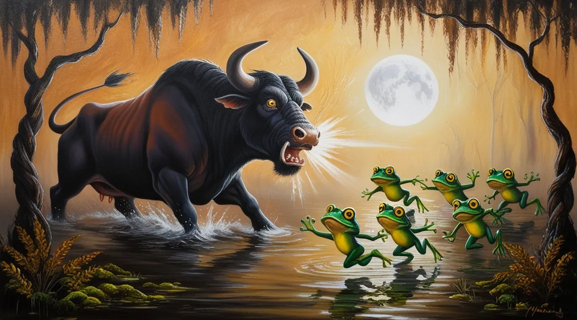 a painting of a bull attacking frogs in a swamp