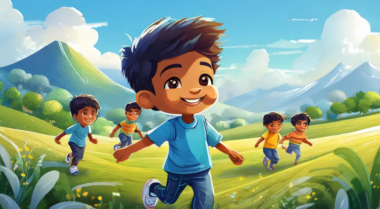 a group of children running across a lush green field