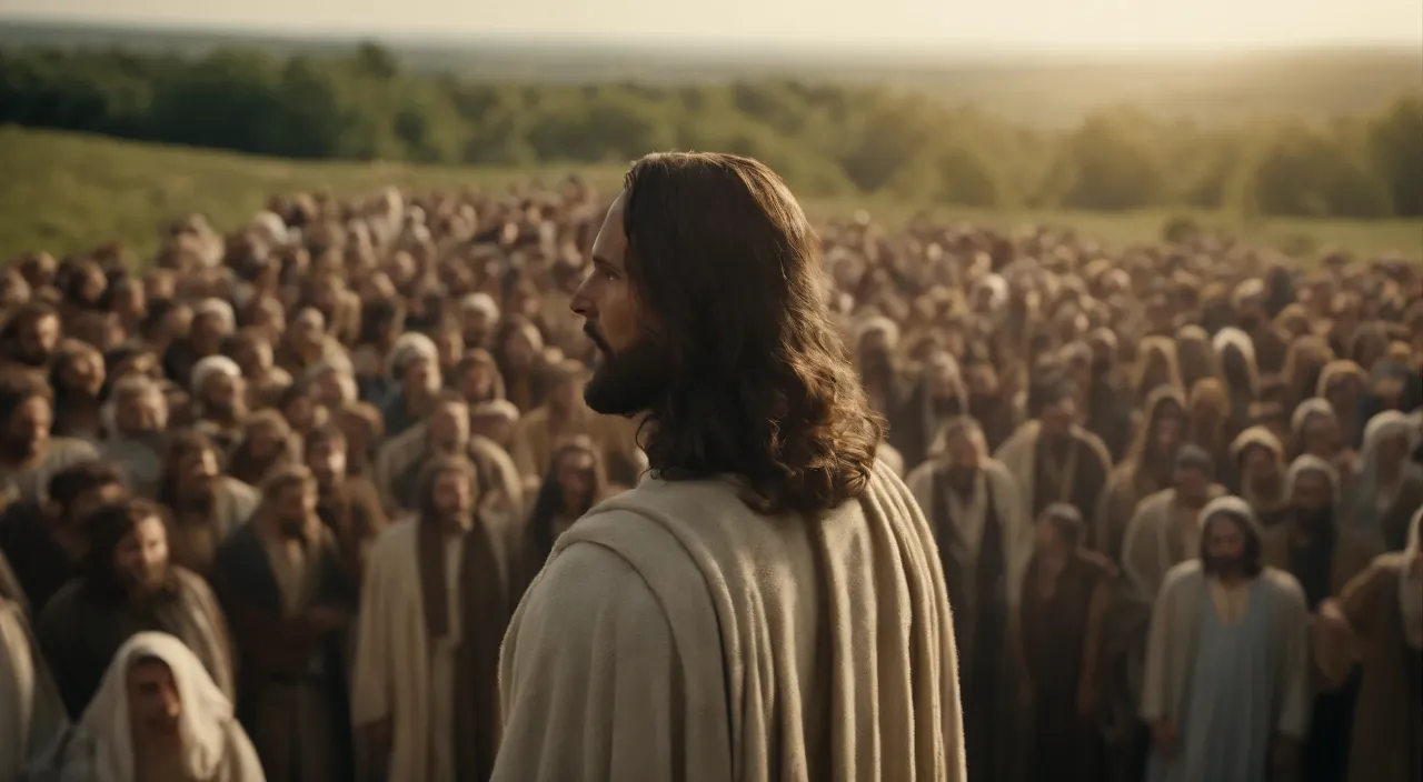 jesus standing in front of a large group of people