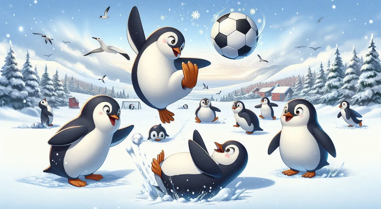 a group of penguins playing with a FOOT ball