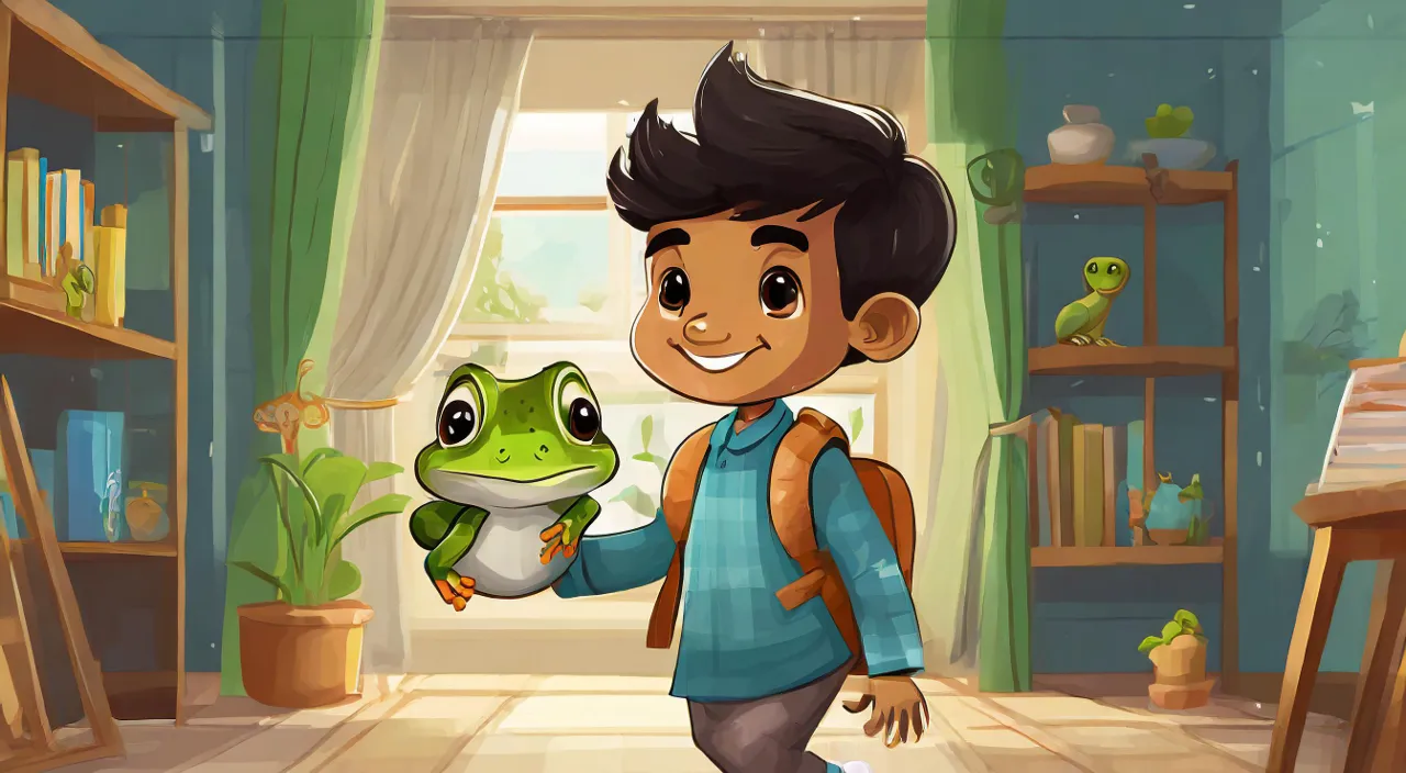 a boy holding a frog in a room