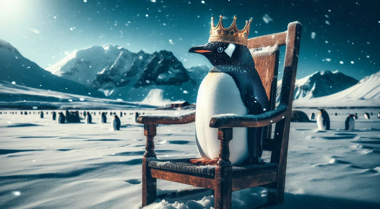 a penguin wearing a crown sitting in a chair with many penguins