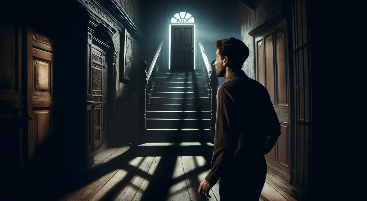 a man standing in a dark hallway next to a set of stairs