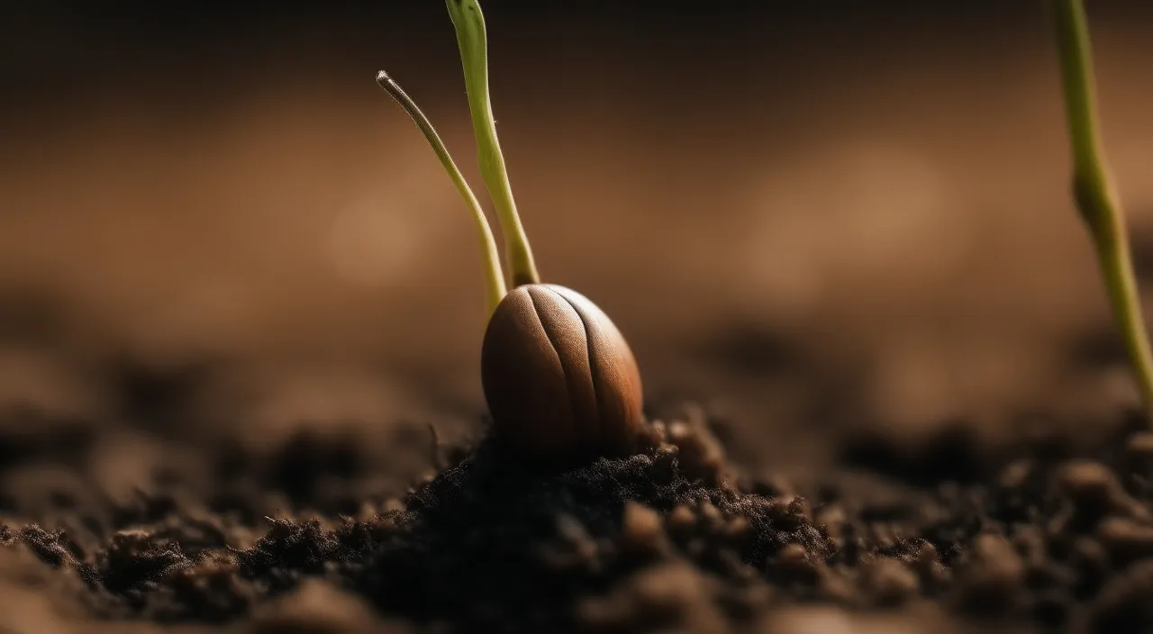 Slowly, the camera pans around the seed, highlighting its dormant state, while soft ambient sounds of nature add depth to the scene. As the camera lingers on the seed, subtle movements suggest the anticipation of growth, building suspense for the journey ahead.