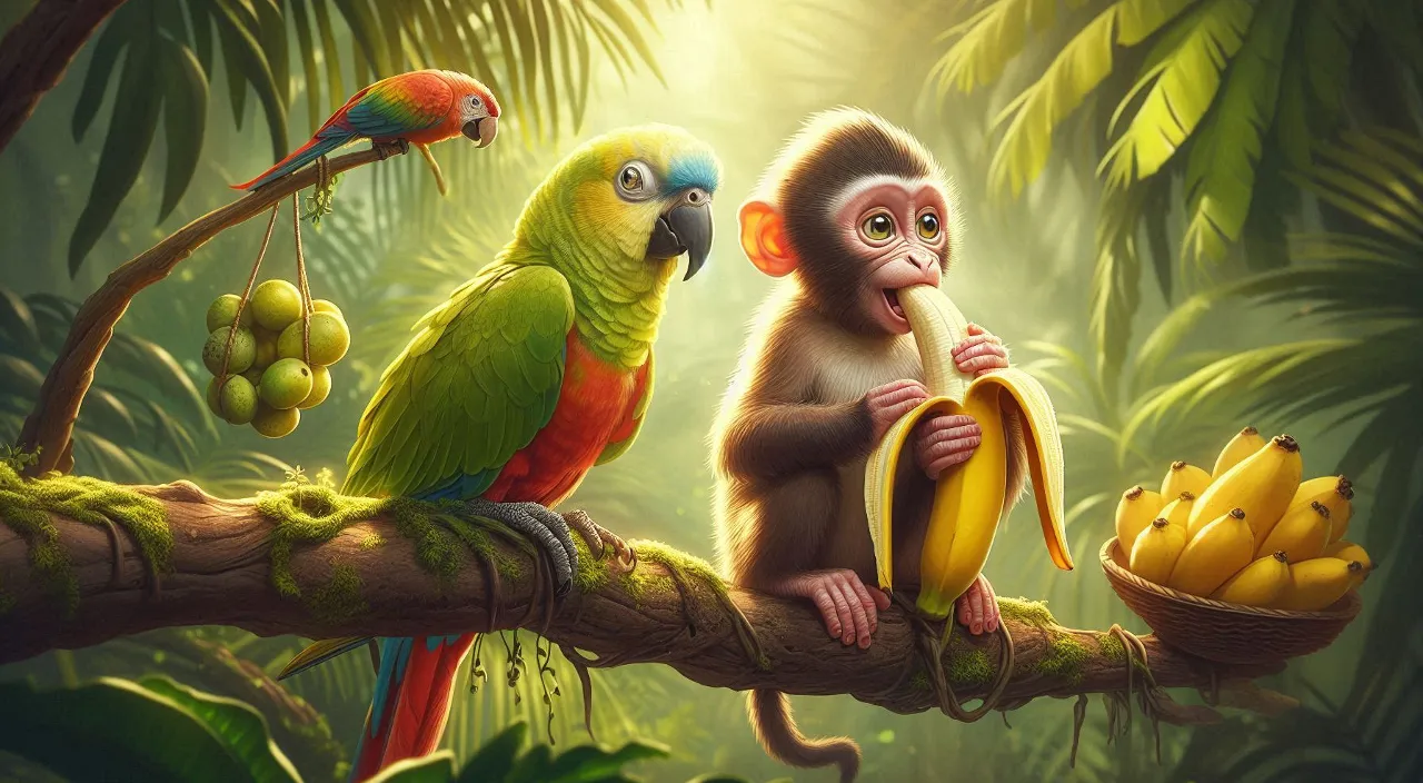 a monkey and a parrot eating bananas