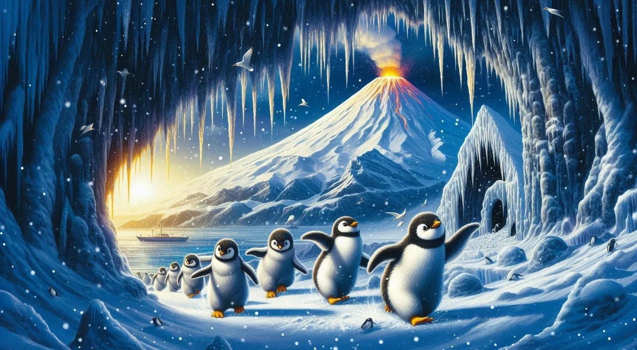 few penguins are running fast in ice cave because of a volcano