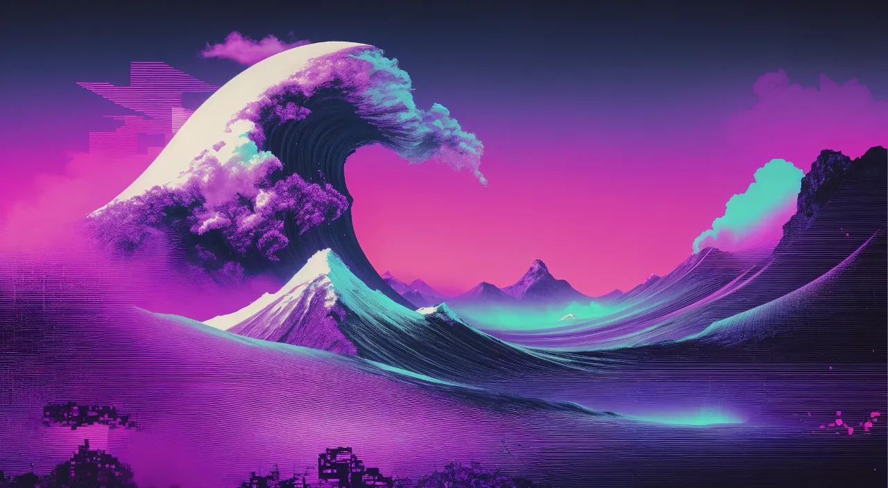 a painting of a giant wave with mountains and glitches bottom left