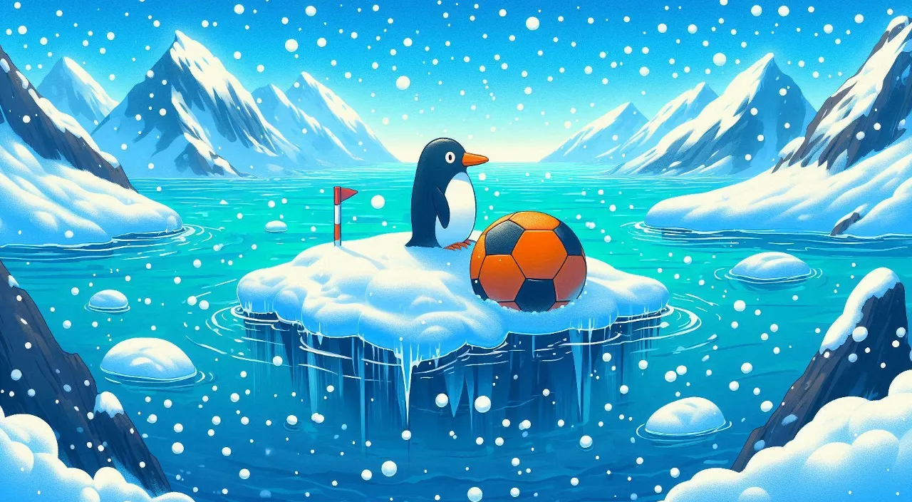 a penguin on an iceberg with a FOOTball