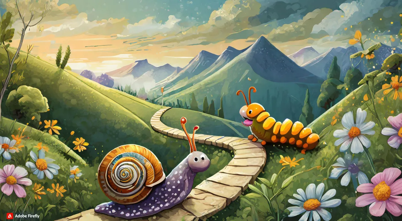 A bug and catterpillar exploring a path with miniature fairy garden, with tall flowers and illuminated with warm sunlight