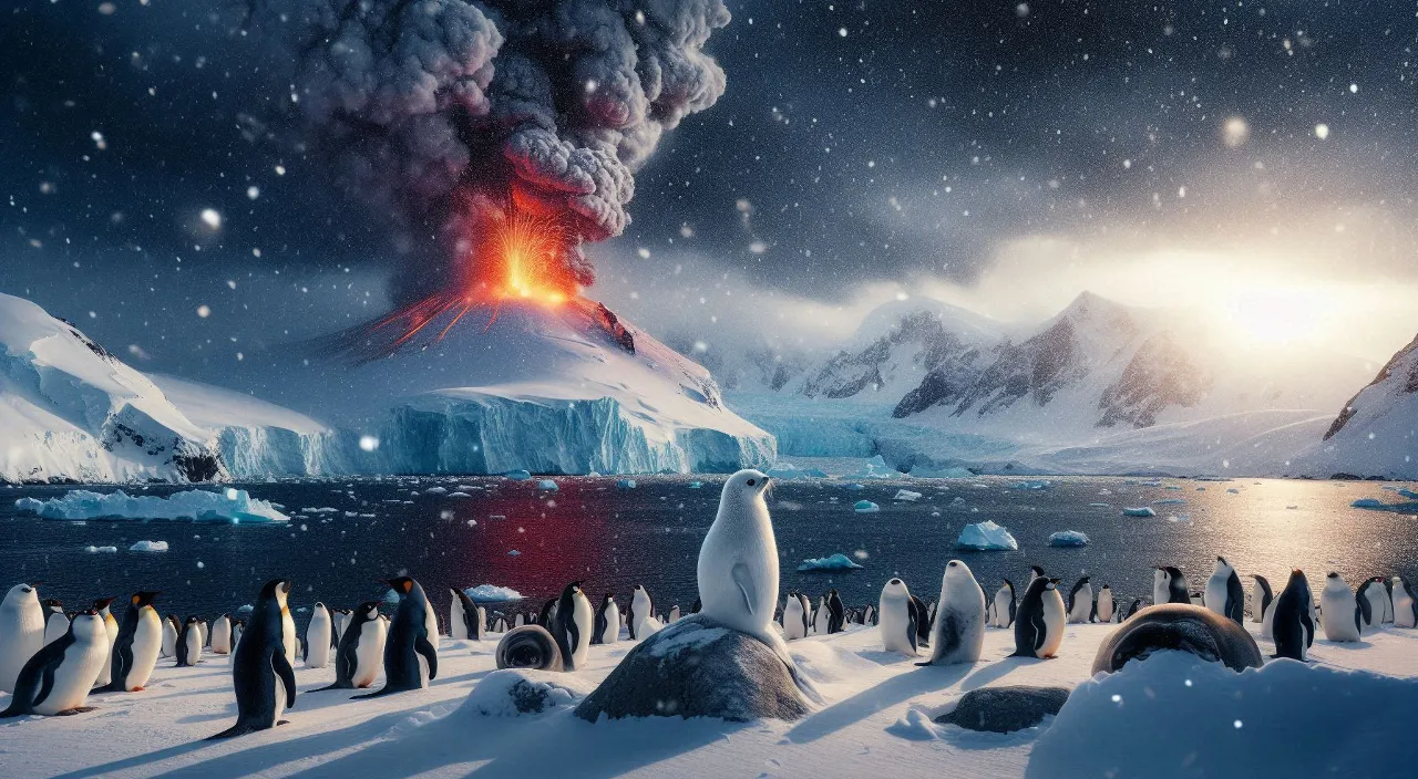 a group of penguins standing on top of snow covered ground