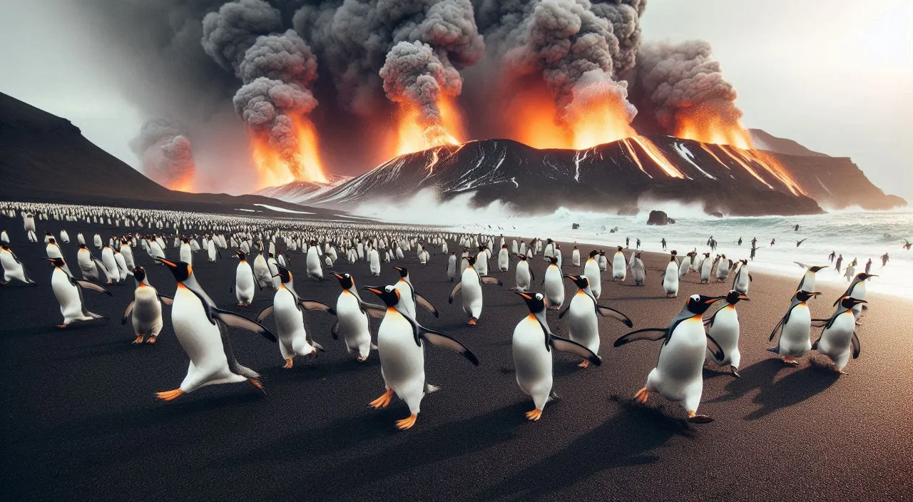 a group of penguins walking on a beach with a volcano 