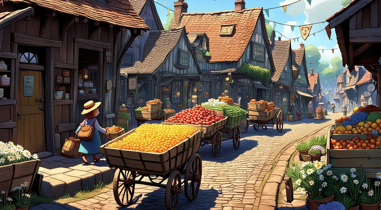 a painting of a woman pushing a cart full of fruit