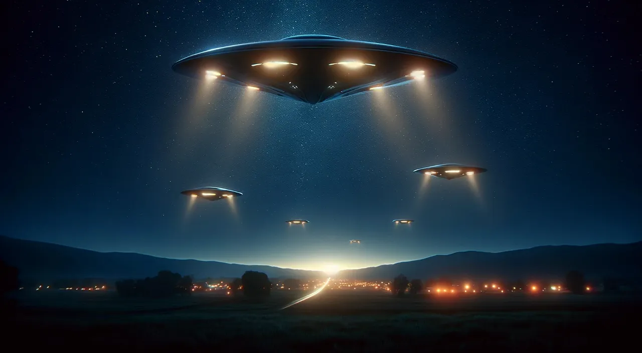 a group of aliens flying over a field at night