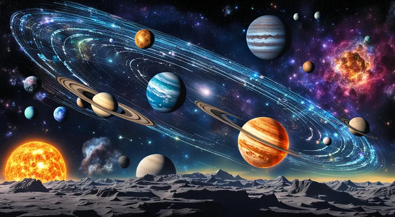 a solar system with planets and stars in the sky