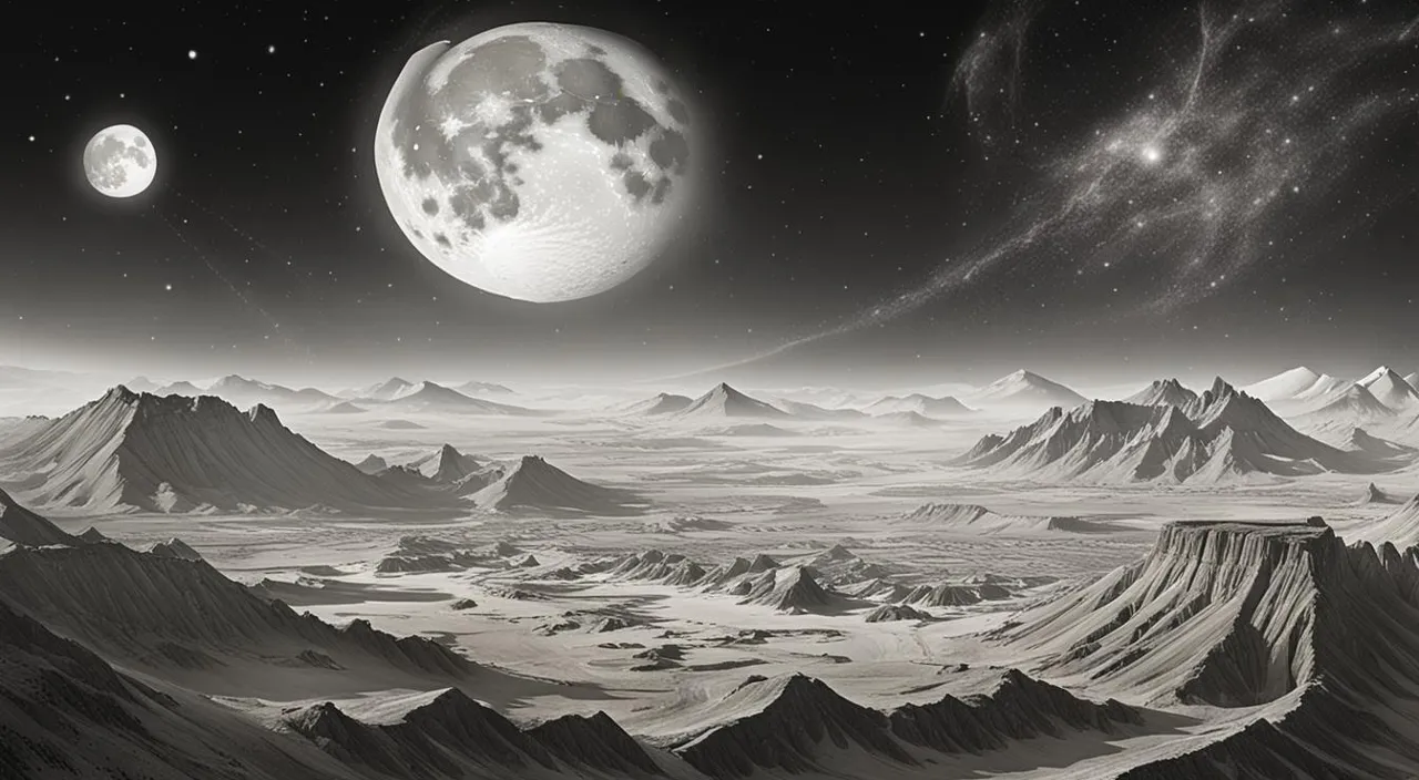 an artist's rendering of a landscape with mountains and a moon