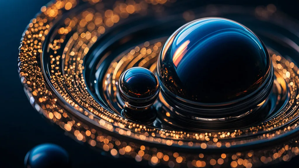 a close up of a water drop with two balls in it