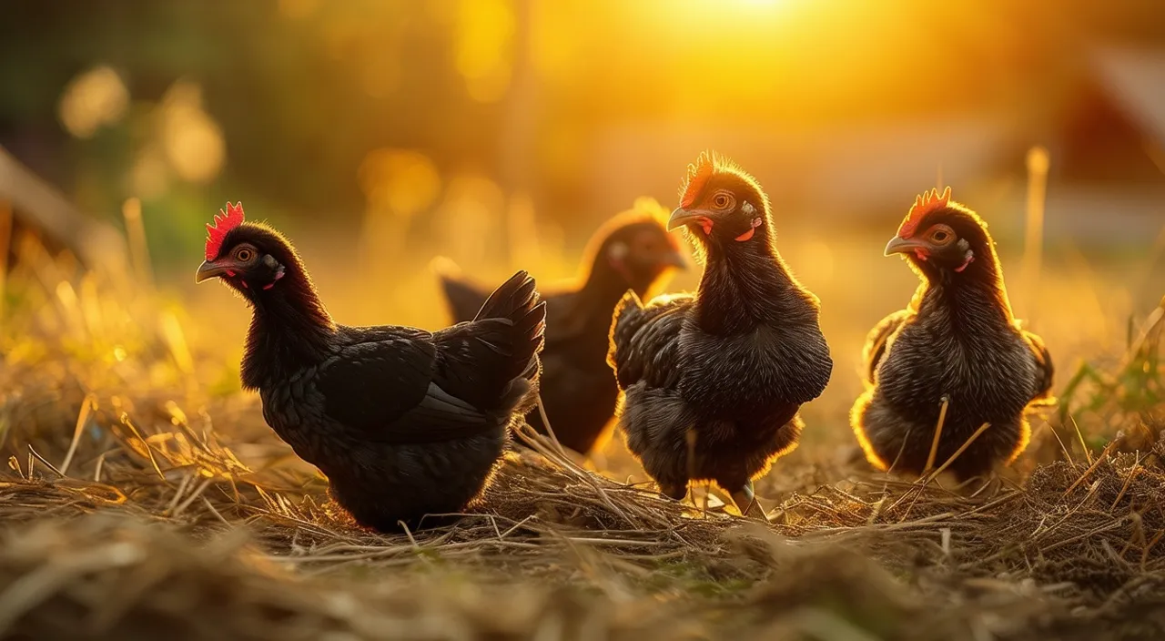 a group of chickens standing on top of a dry grass field