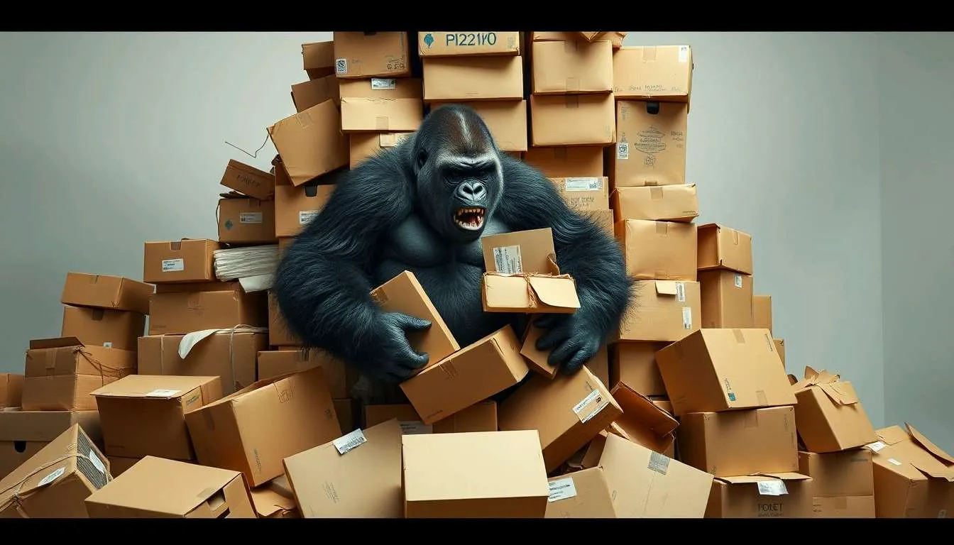 huge pile of boxes being stomped on and crushed by a gorilla., advertising style