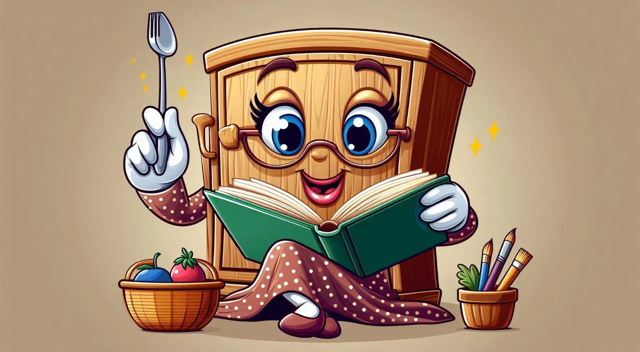 a cartoon character reading a book while holding a fork and knife