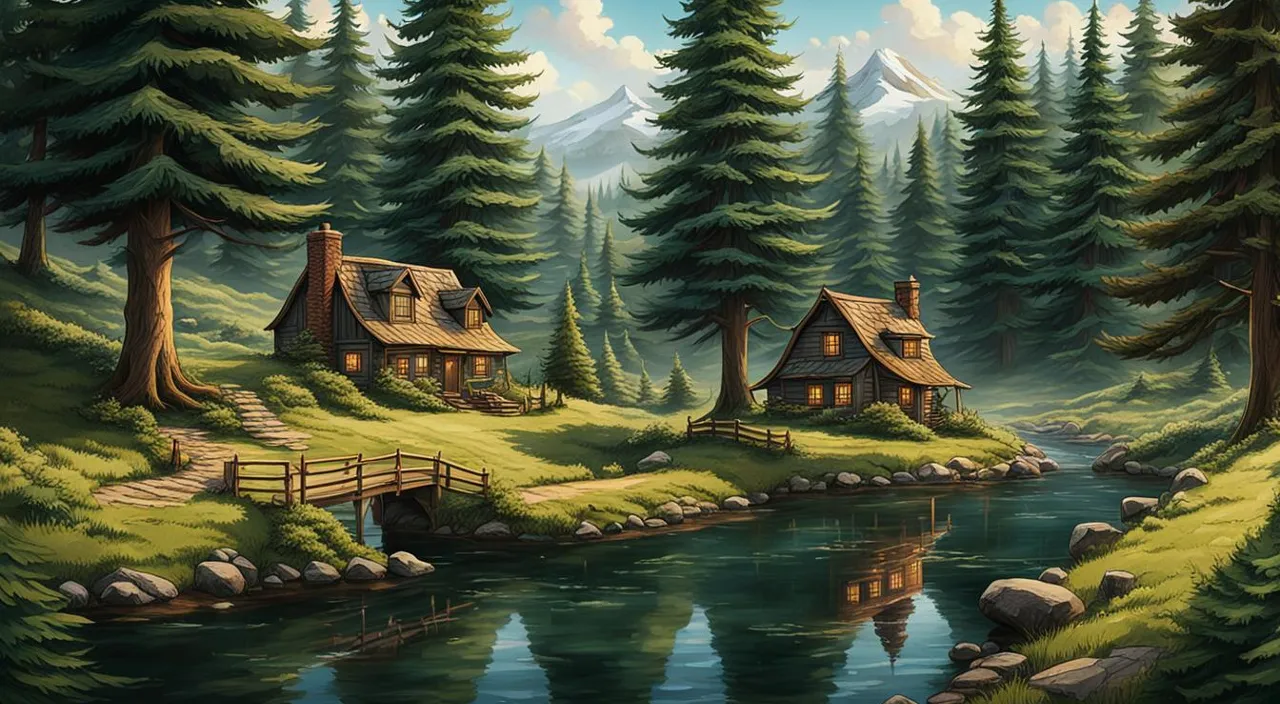 a painting of a cabin in the woods