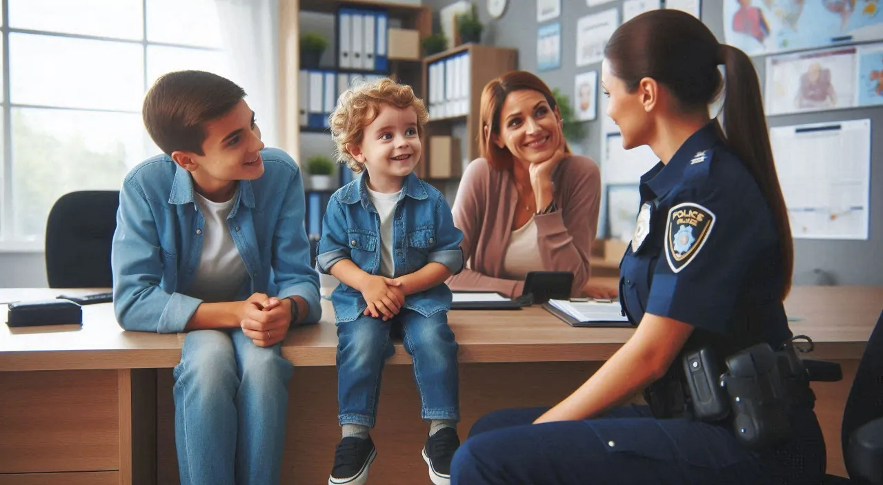 a man and his wife and little son are talking to a lady police