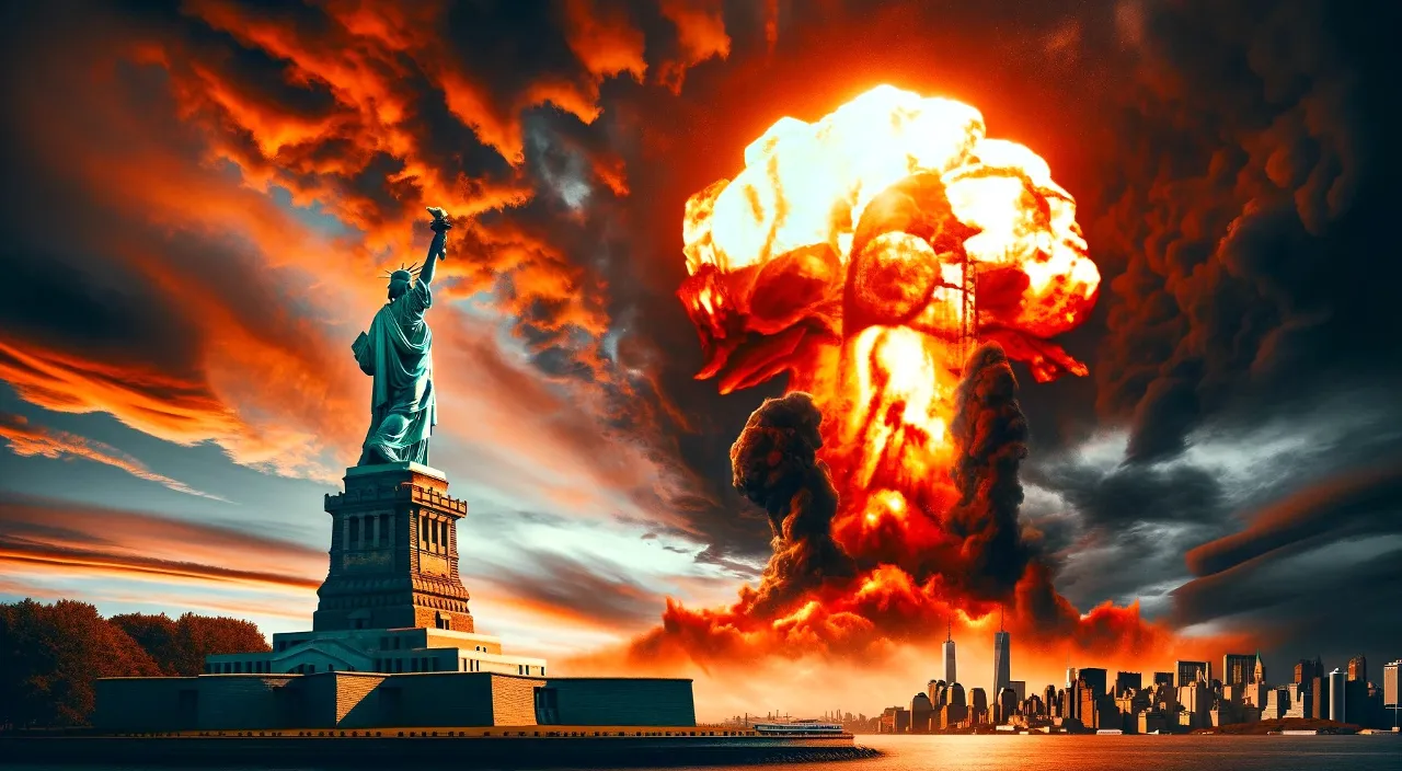 the statue of liberty is in the midst of a massive explosion