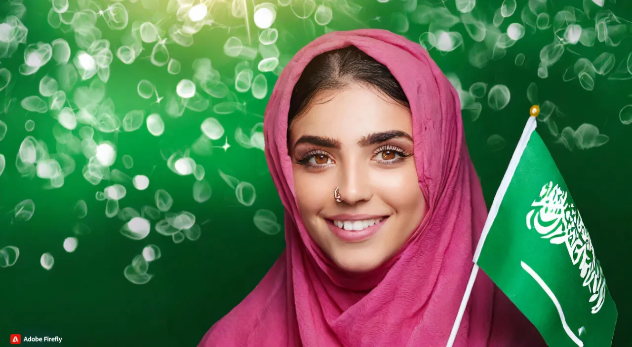 a woman in a headscarf holding a flag,flag moves, she blinks