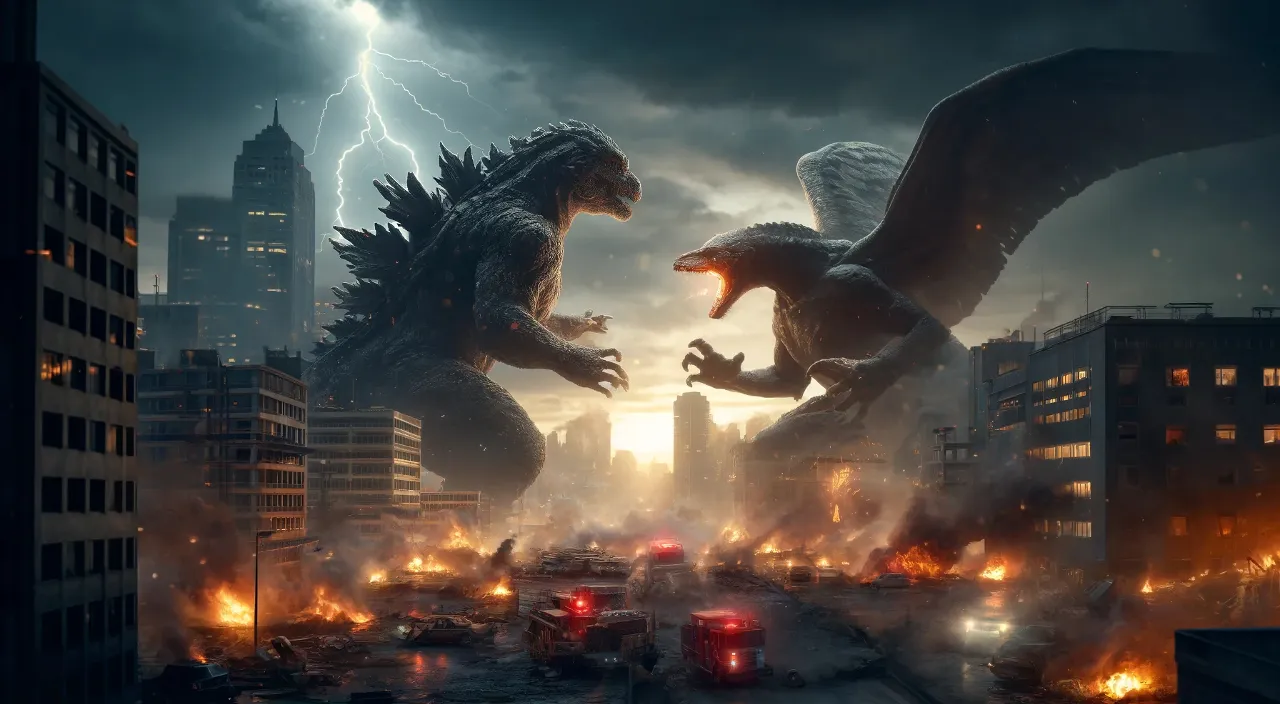 godzillas fighting over a city at night