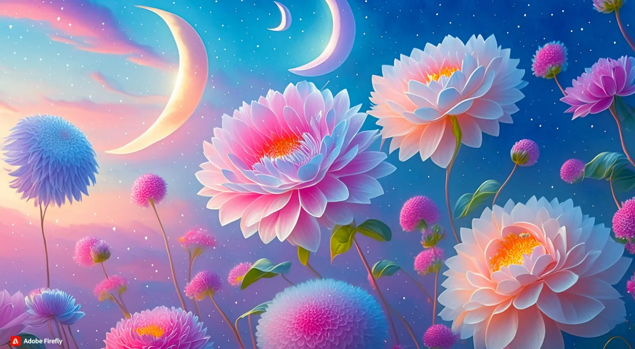 a painting of flowers and a crescent moon