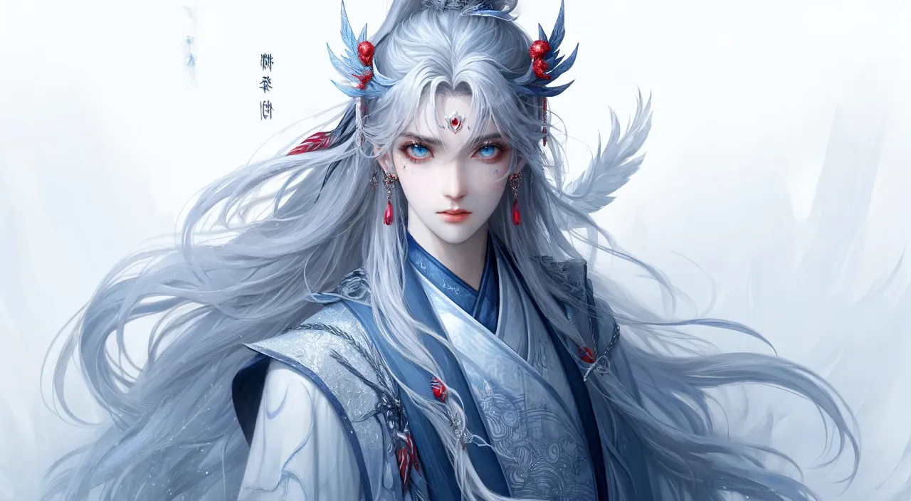 a painting of a woman with white hair and blue eyes。Please add wind blowing effect