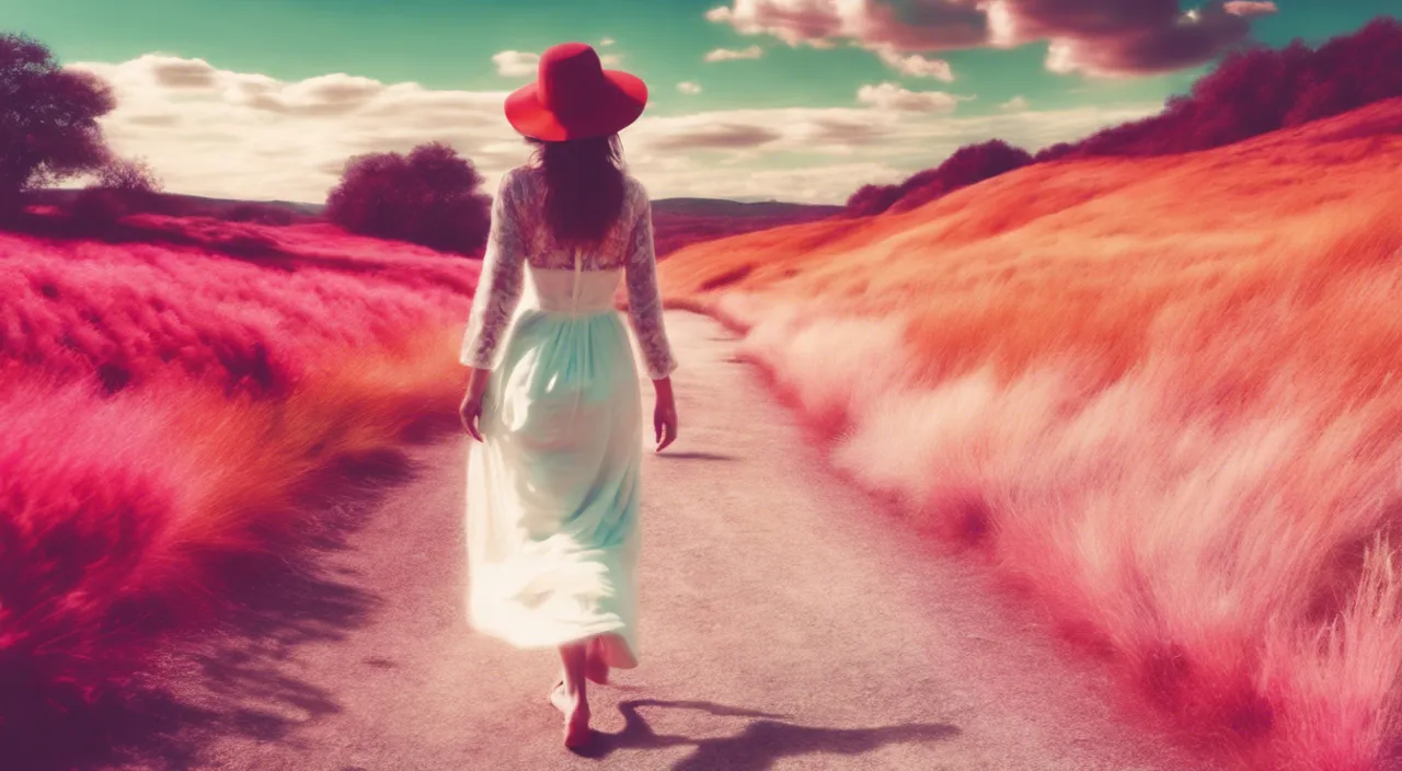 a woman walking down a road with a red hat on