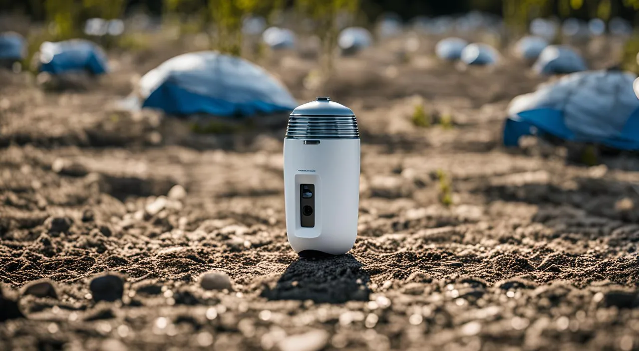 a white and black air freshener sitting in the middle of a field