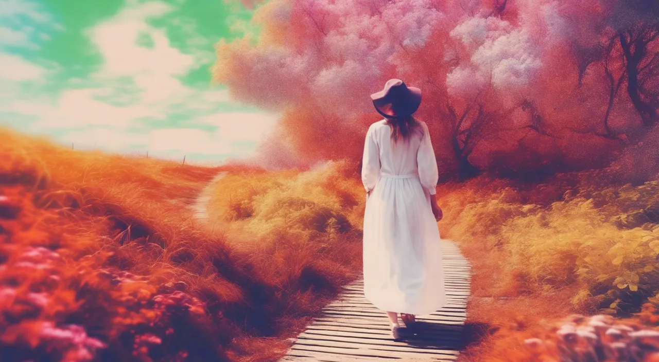 a woman in a white dress and hat walking across a wooden walkway