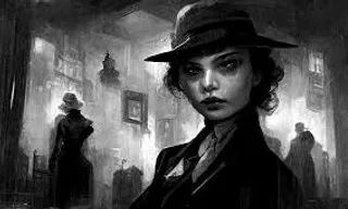 a black and white photo of a woman in a hat. Photorealistic. Heavy rain pouring down. Dense fog. Film Noir. Film grain texture. Bleak colors. 30-s Prohibition era megapolis city street.