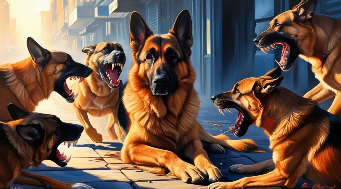 a painting of a group of dogs with their mouths open