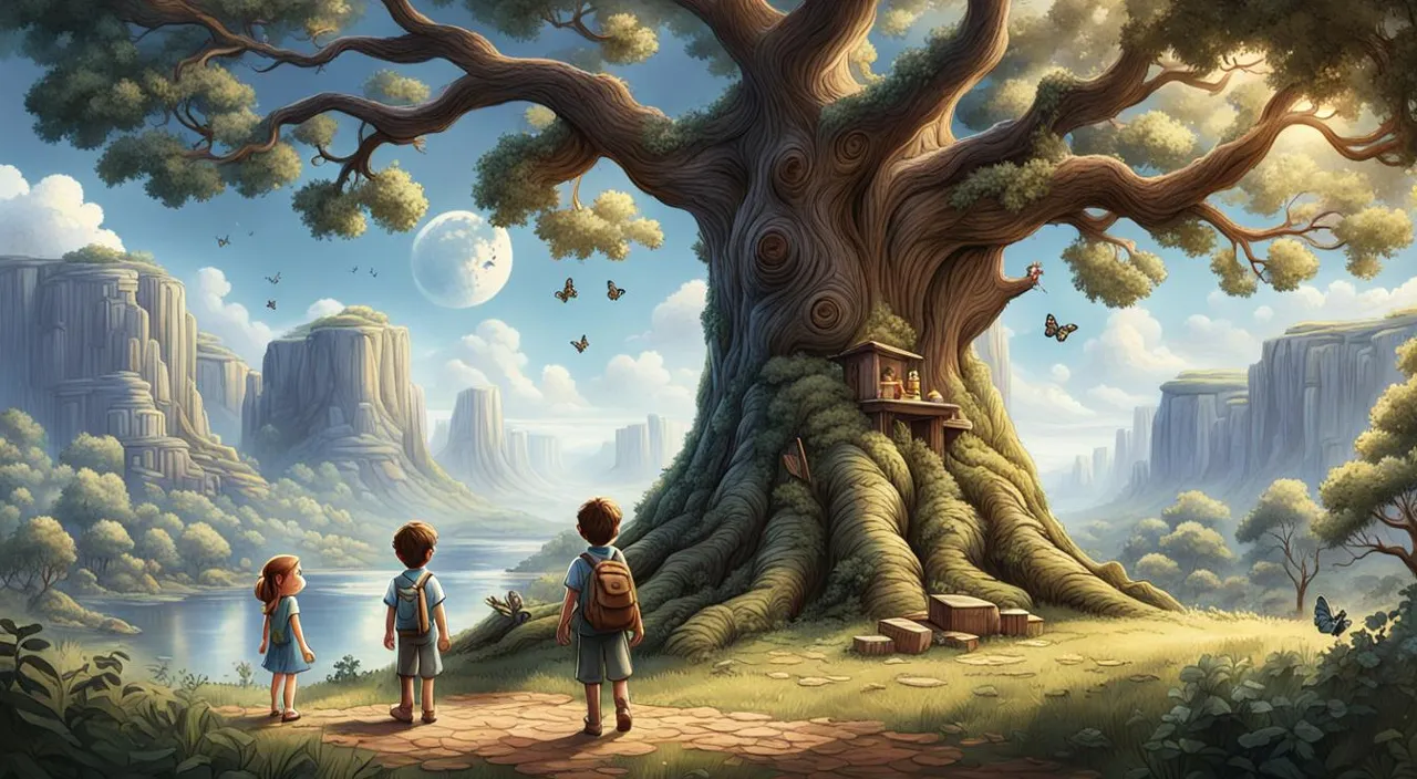 a painting of two children looking at a tree