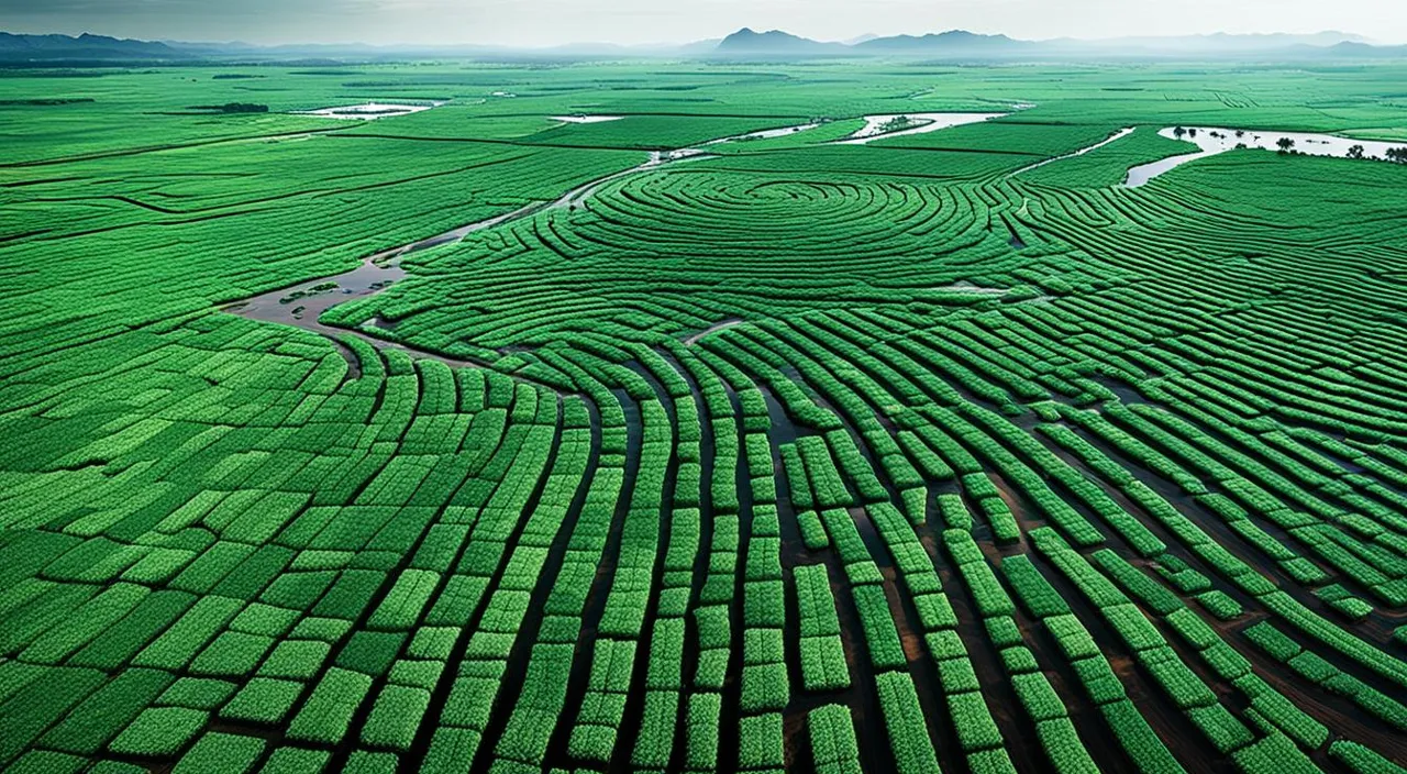 an aerial view of a vast green field