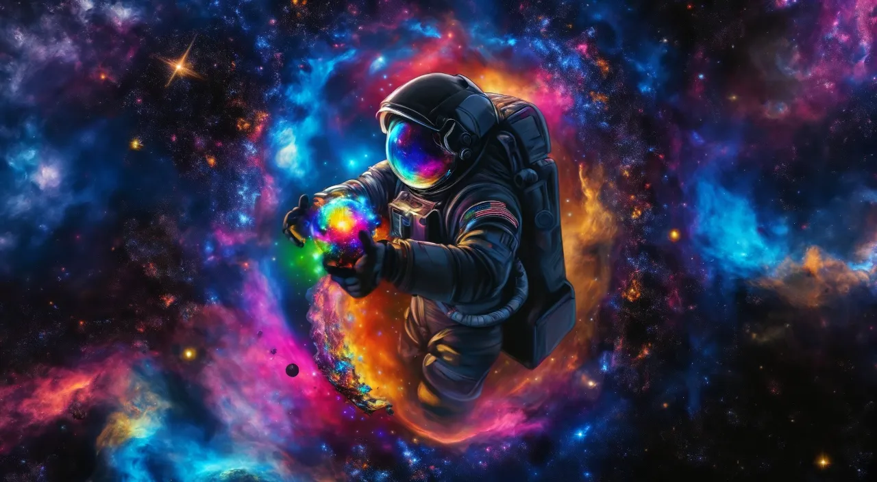 a man in a space suit holding a colorful planet