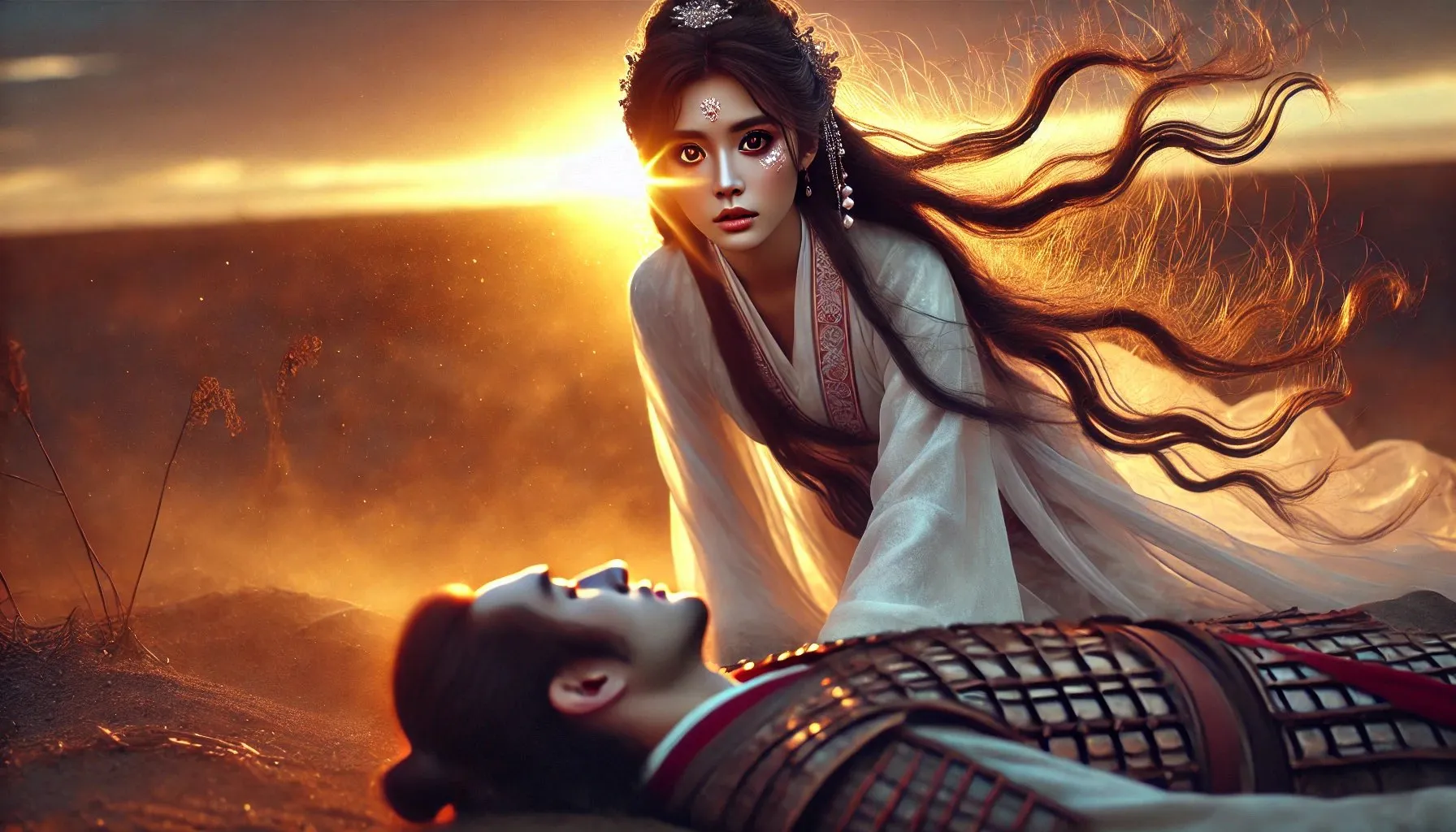  she is a Chinese ancient .

She had deep brown eyes, with the sunset glow reflecting on her features, softening the gold edges, yet a mixture of melancholy and reluctance was evident in her eyes., advertising style