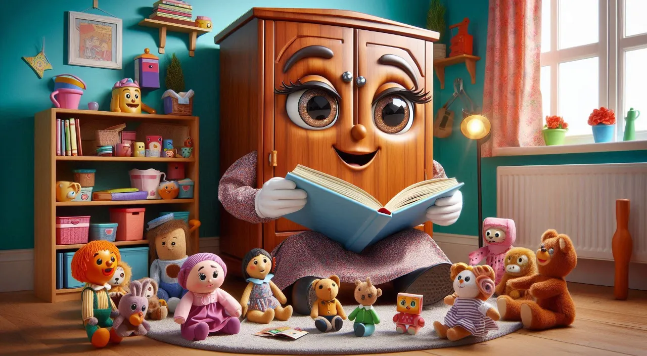 a cartoon character reading a book surrounded by stuffed animals