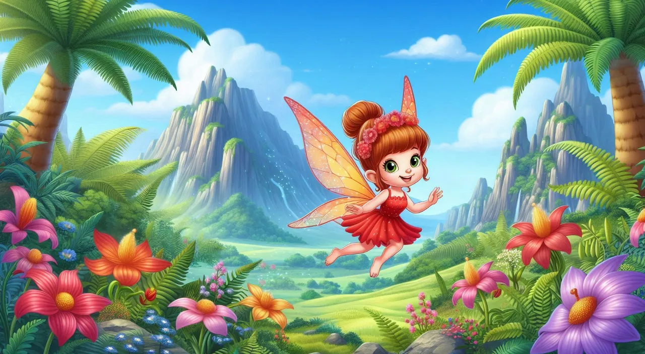 a cartoon fairy flying over a lush green forest