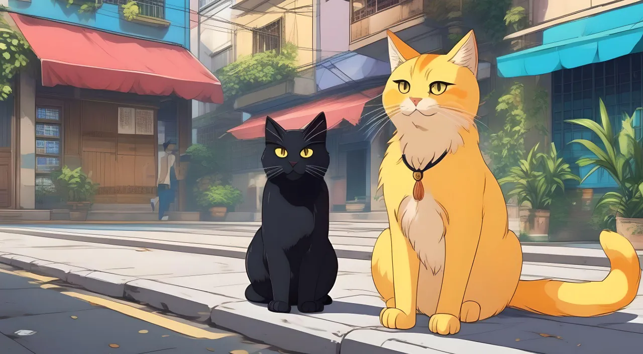 a couple of cats sitting next to each other on a street