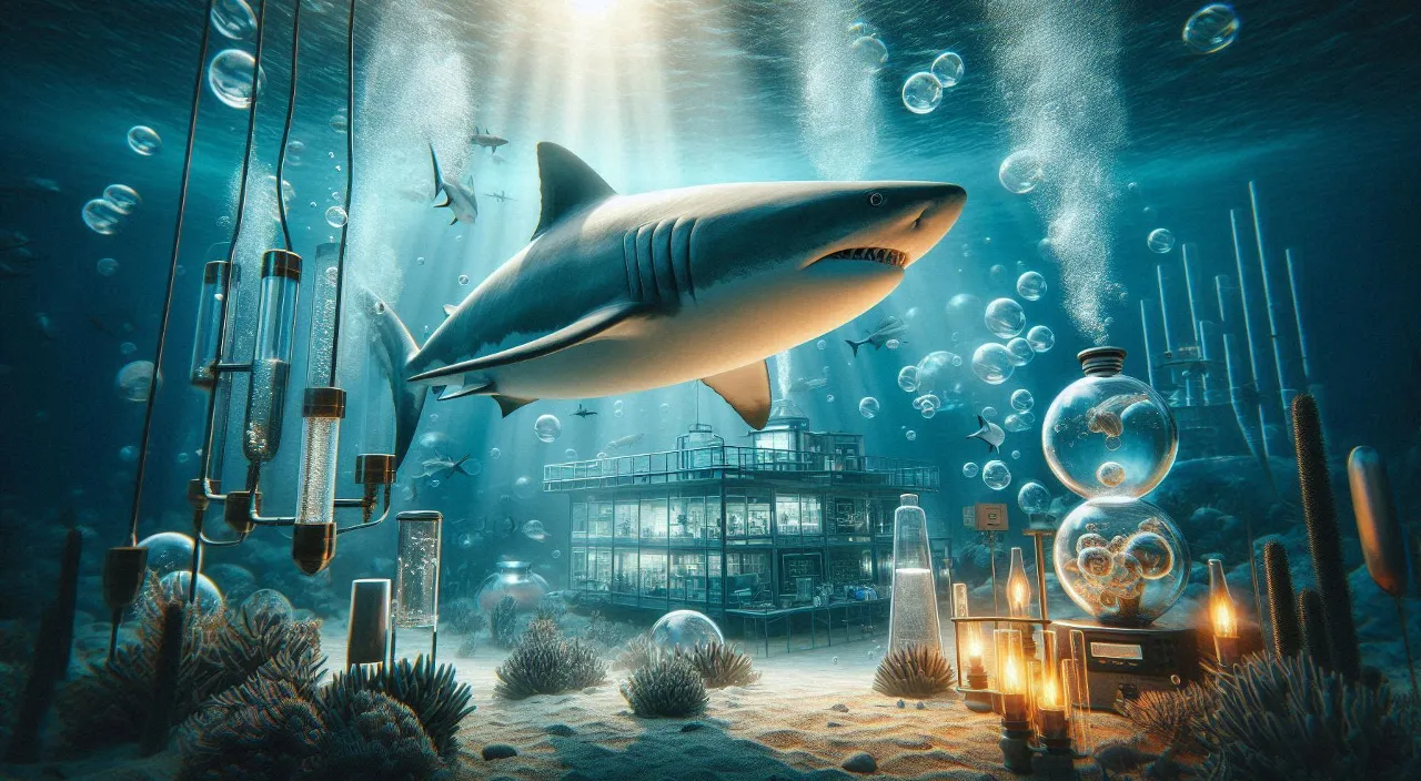 an underwater scene with a shark and a cage