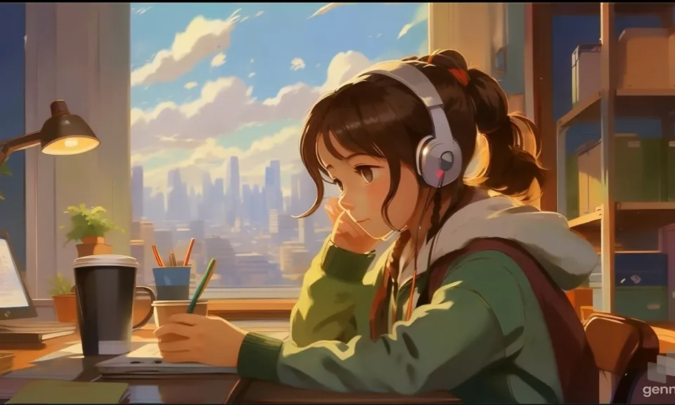 a girl studying with headphones, looking at the laptop screen