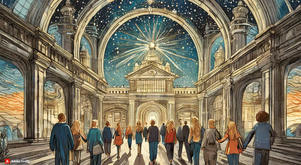 a painting of a group of people walking through a building