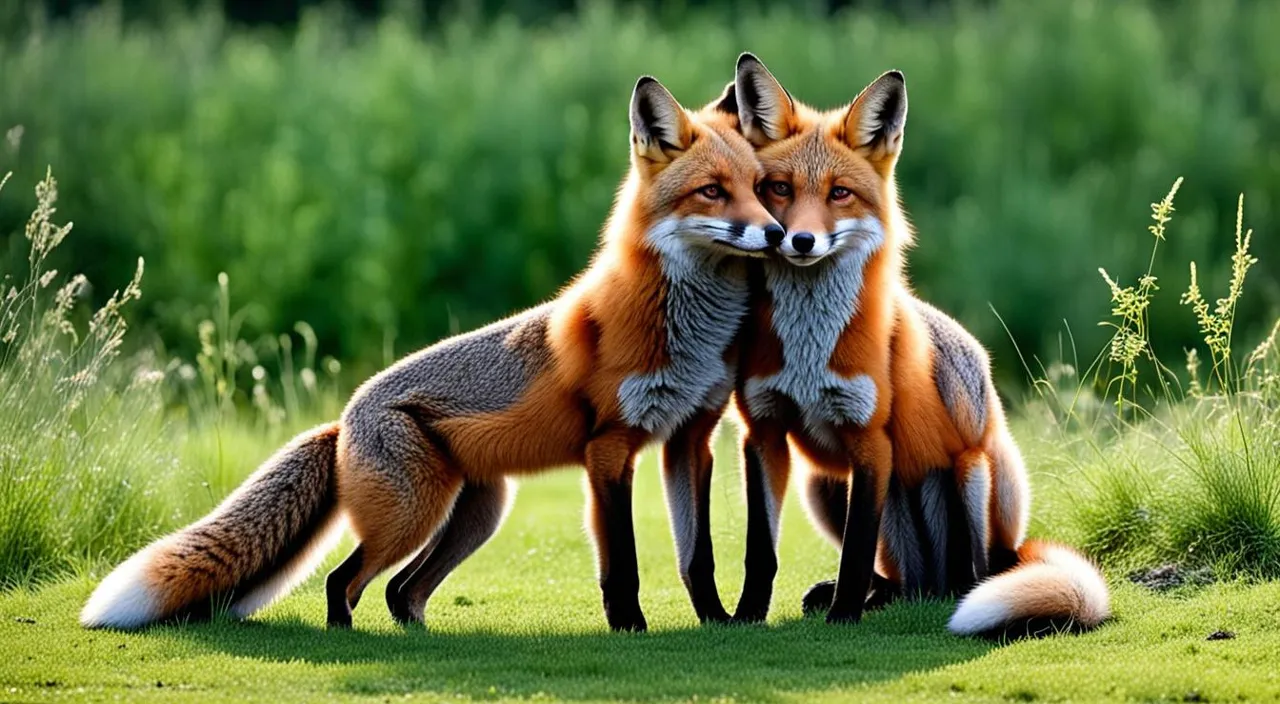 a couple of foxes standing on top of a lush green field