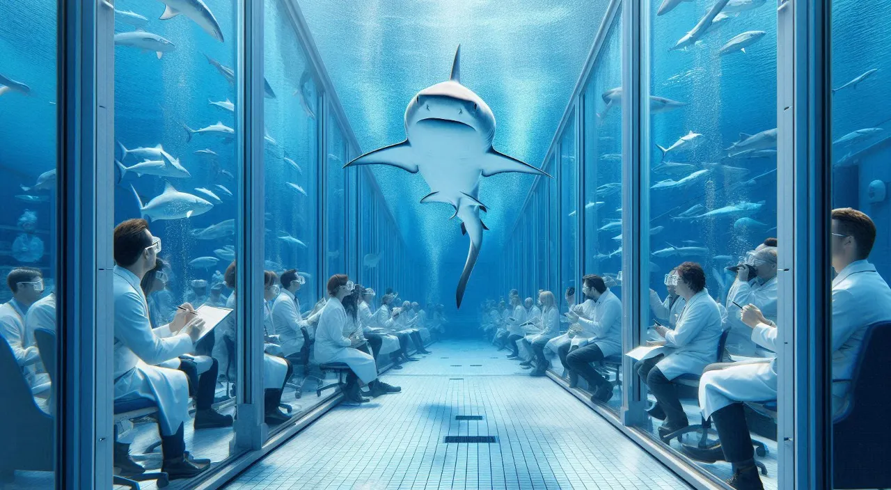 a group of people sitting in a room with a shark in the middle of the sea 