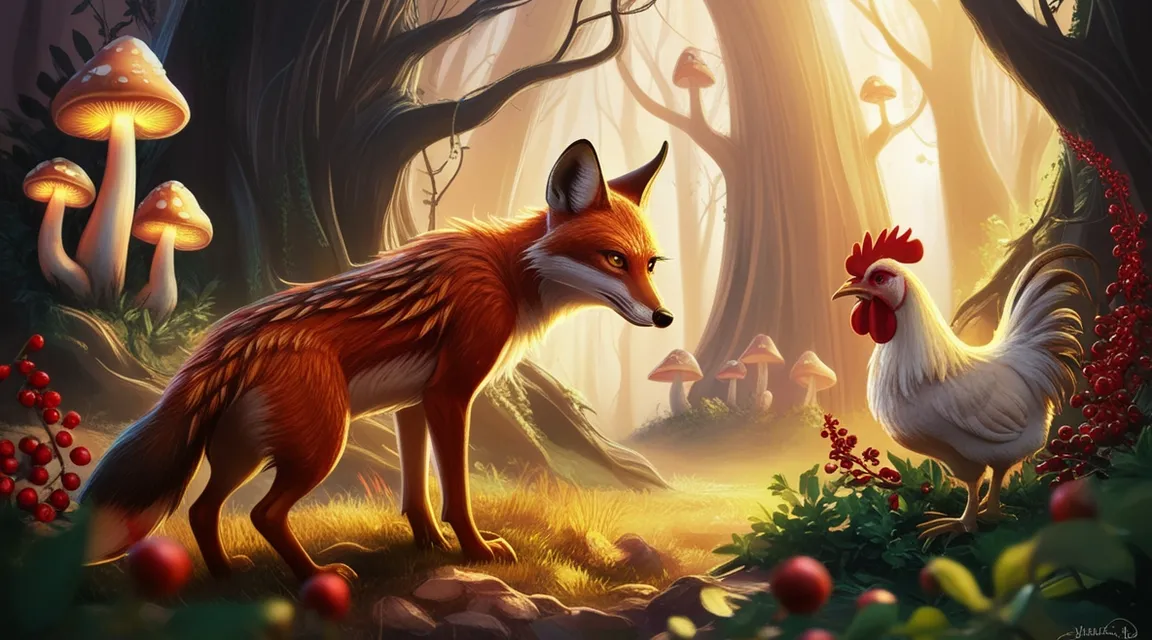 a painting of a jackal and a chicken in a forest 3d